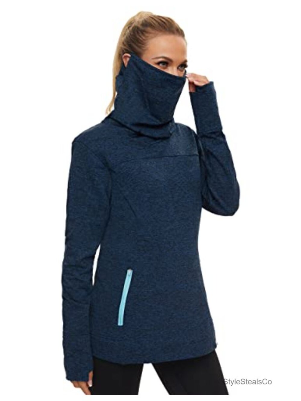 Women's Running Fleece Pullover Sweatshirt Cowl Neck with Thumb Holes and Face